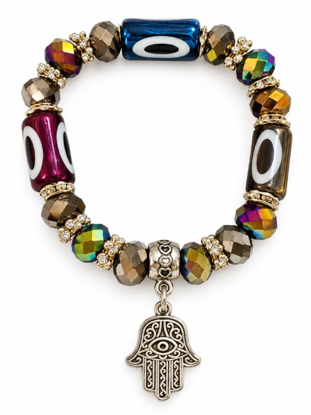 Hamsa Evil Eye Stretch Bracelet Crystal Beaded Boho 6.25"